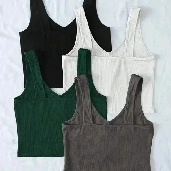 4pcs Slight Stretch V-neck Crop Tops Color:(Green+Grey+White+Black) - Picture 2 of 5